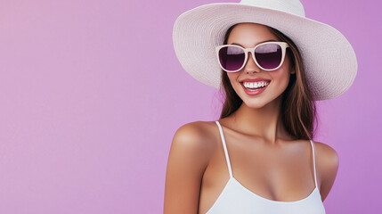Fototapeta premium Tanned happy woman in stylish glasses and elegant hat radiates confidence and joy posing on sophisticated purple studio background