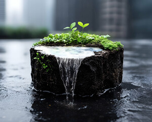 Miniature ecosystem with a waterfall on a rooftop
