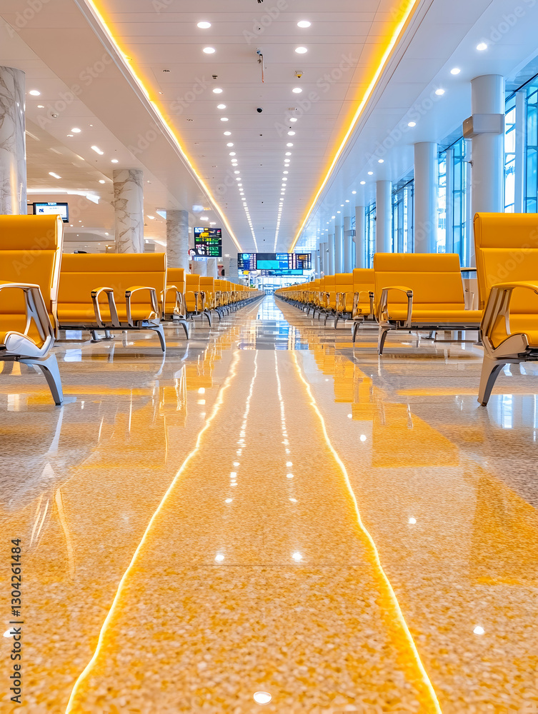 Poster modern terminal waiting area with rows of seating and marble floor