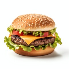 A juicy cheeseburger perfectly centered on a white background. Clean, professional product photography ideal for ads, menus, and food blogs