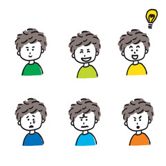 子供,男の子,喜怒哀楽,発見,学び,活発,Active boy;Set of 6 Hand-drawn Child Expression Illustrations;Poker Face, Smile, Crying, Discovery, Learning, Anger, Joy, Emotions