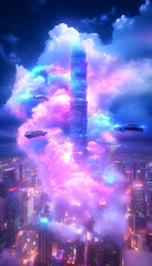 Obraz premium Neon cityscape skyscraper in glowing clouds