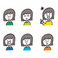 子供,女の子,喜怒哀楽,発見,学び,おかっぱ,Girl with bob hair;Set of 6 Hand-drawn Child Expression Illustrations;Poker Face, Smile, Crying, Discovery, Learning, Anger, Joy, Emotions