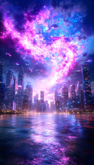 Obraz premium Neon city skyline, vibrant clouds, futuristic cityscape