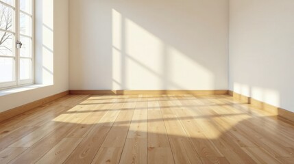 Obraz premium Sunlight Illuminates a Room with Light Wood Flooring and a Simple White Wall, Creating a Serene and Minimalist Atmosphere Ideal for Home Design Inspiration