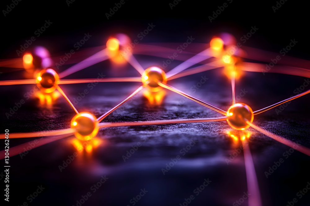 Poster network illuminated nodes connected with lines on dark surface. abstract concept