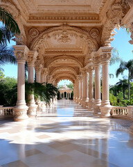 Ornate colonnaded walkway in a tropical garden