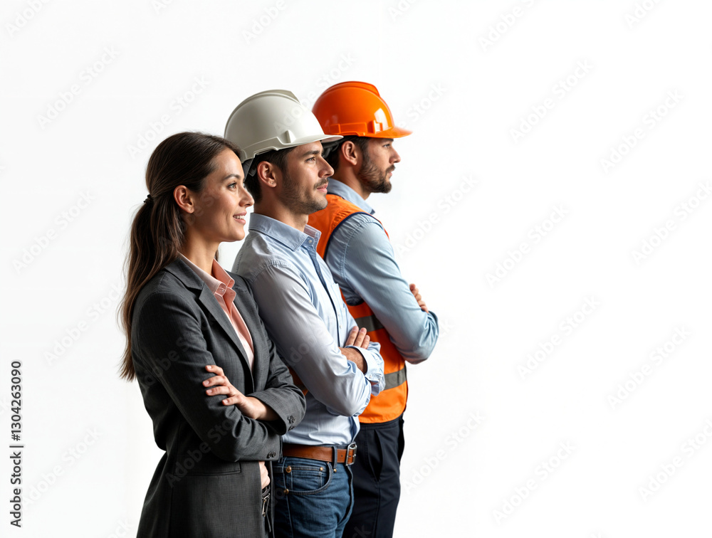 Poster builder engineer and architect in helmets on white background . generative ai