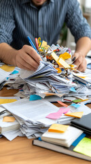 Overwhelmed man sorts paper pile on cluttered desk, bright interior, workday
