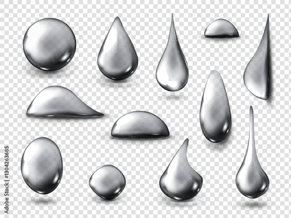 Poster silver liquid drip collection with various metallic fluid shapes on transparent background. differen