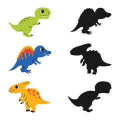 Cute dinosaur, find correct shadow shape. Children education puzzle matching game. Search right silhouette. Kid logical task. Vector hand drawn illustration