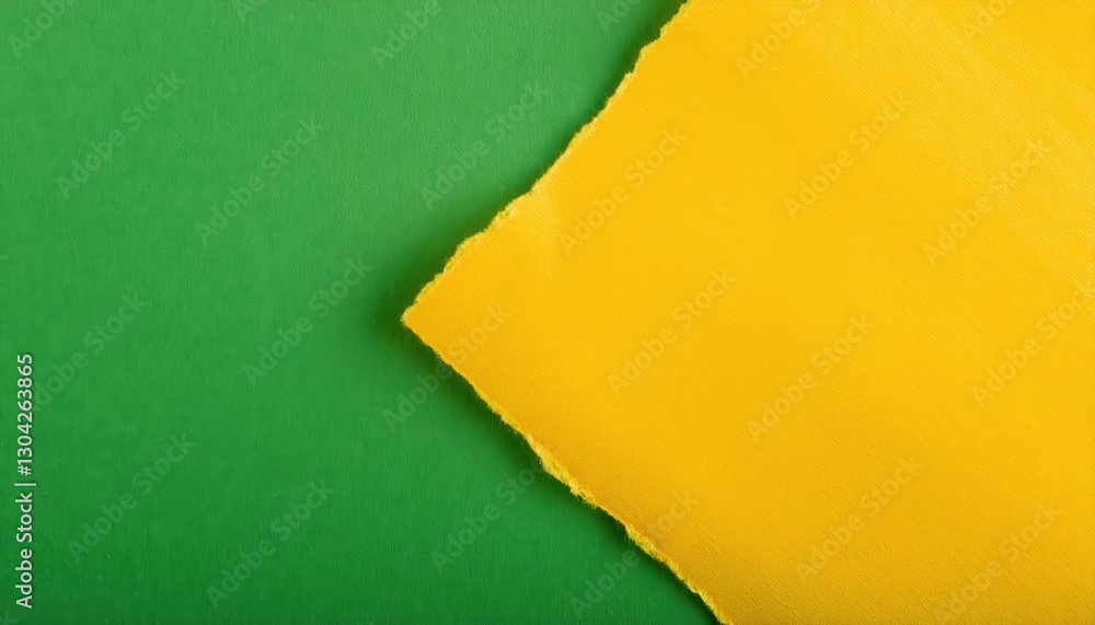 Poster torn edge of yellow paper over green background creating diagonal division, minimalist abstract design for modern background