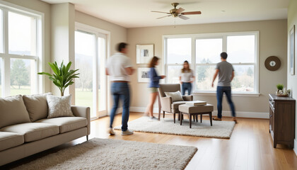 Fototapeta premium Visitors exploring spacious living room during open house, property sale