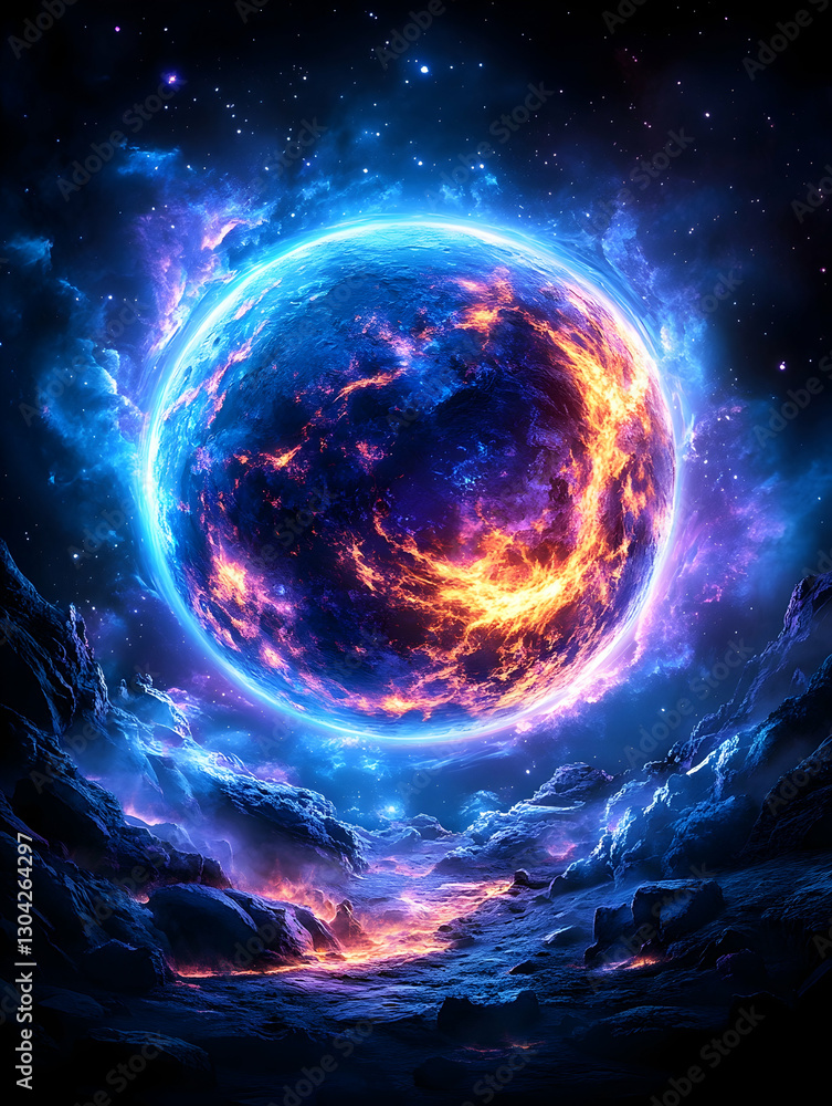 Aufkleber planet with a glowing core sits in the cosmic mountains with a nebula background