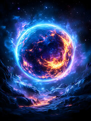 Obraz premium Planet with a glowing core sits in the cosmic mountains with a nebula background