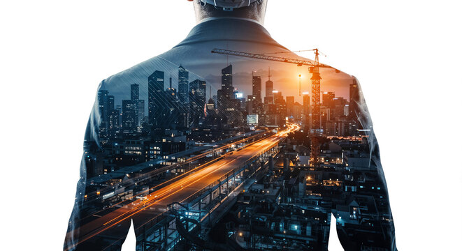 builder in hard hat merging with construction site double exposure art . Generative AI