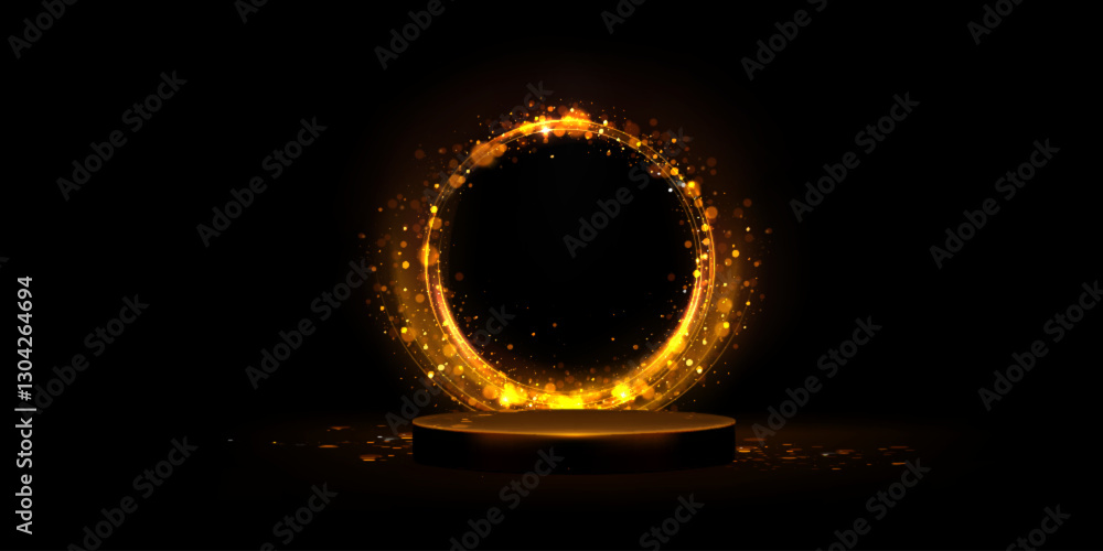 Poster luxury black podium with glowing golden ring portal and sparkling particles on dark background. magi