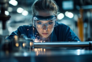Precision metalworking. Close-up of woman in safety goggles concentrating on precise metal fabrication with sparks flying in blue-toned industrial workshop.