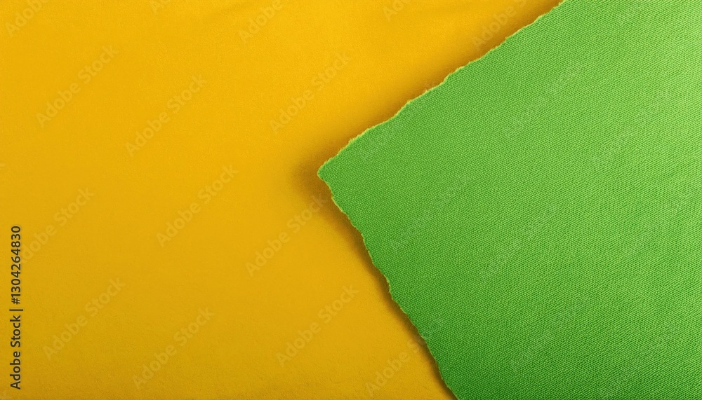 Poster torn edge of yellow paper over green background creating diagonal division, minimalist abstract design for modern background