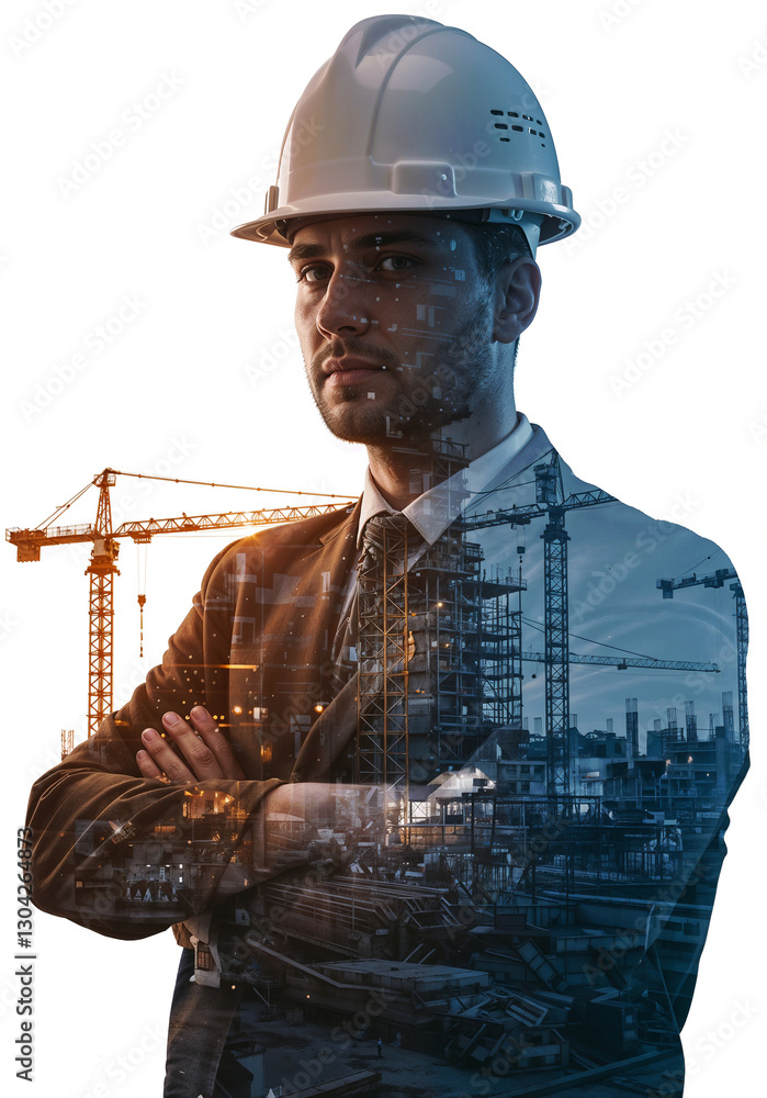 Poster builder in hard hat merging with construction site double exposure art . generative ai