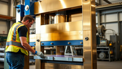 Worker operating industrial press machine. Description. A technician in safety vest operates a large gold industrial press machine in a factory setting.