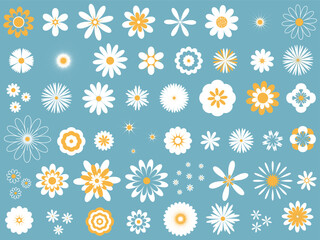 Wild flowers spring summer collection. Simple variation of field and garden white flowers clip art. Set of flower heads, design elements. Vector graphics