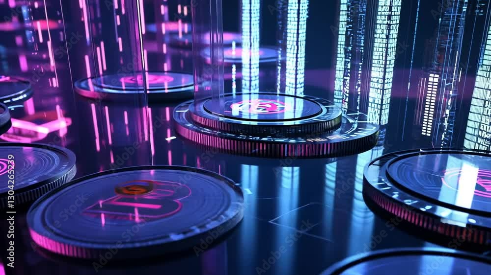 Poster abstract futuristic cryptocurrency tokens with glowing light effects and data streams