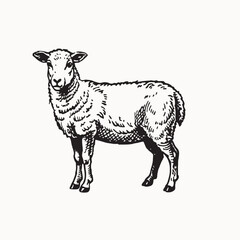 Flat vector icon of young white sheep. Domestic animal with thick woolly coat and pink ears. Vector illustration in cartoon style