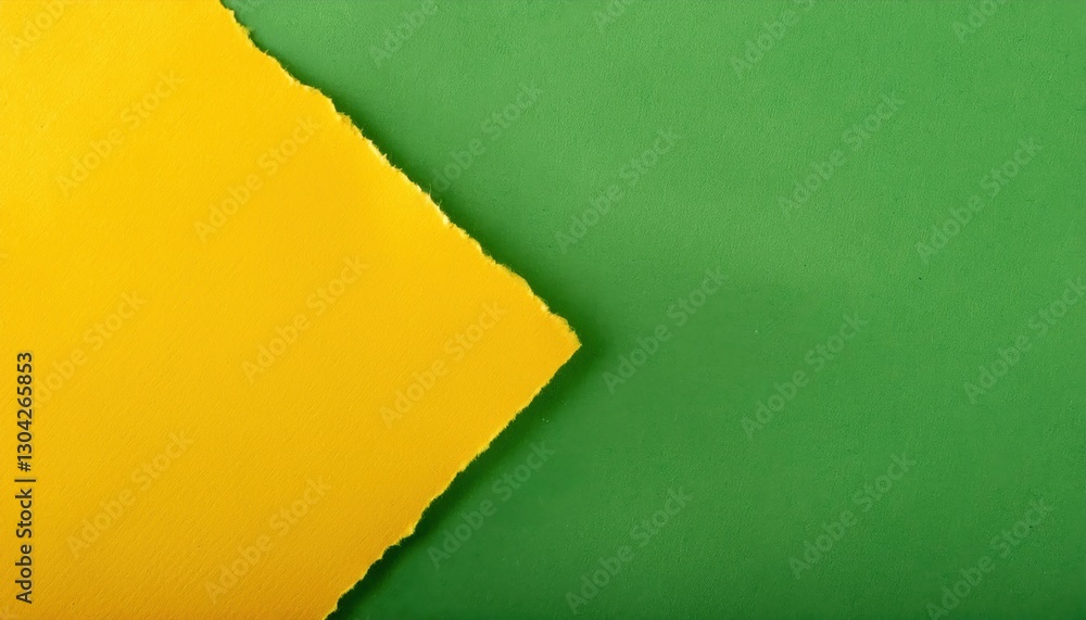 Poster torn edge of yellow paper over green background creating diagonal division, minimalist abstract design for modern background