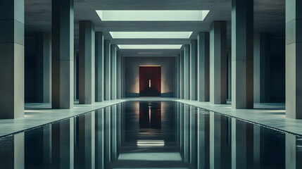 Fototapeta premium Symmetrical architecture design scene captured with reflective water modern interior background wallpaper minimalist aesthetic