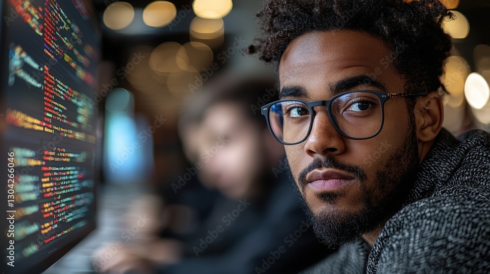 Poster a young programmer staring directly with intense eye contact