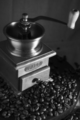 Crossruff in black and white vintage picture with coffee beans.