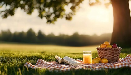 Fototapeta premium A serene picnic setup on grass featuring fresh fruits and a glass of juice.