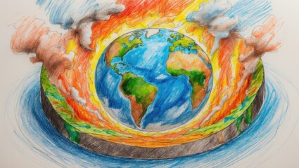 Colored pencil earth drawing showing internal layers and outer flames. Globe illustration with blue water, green land, and smoky orange surrounding atmosphere.