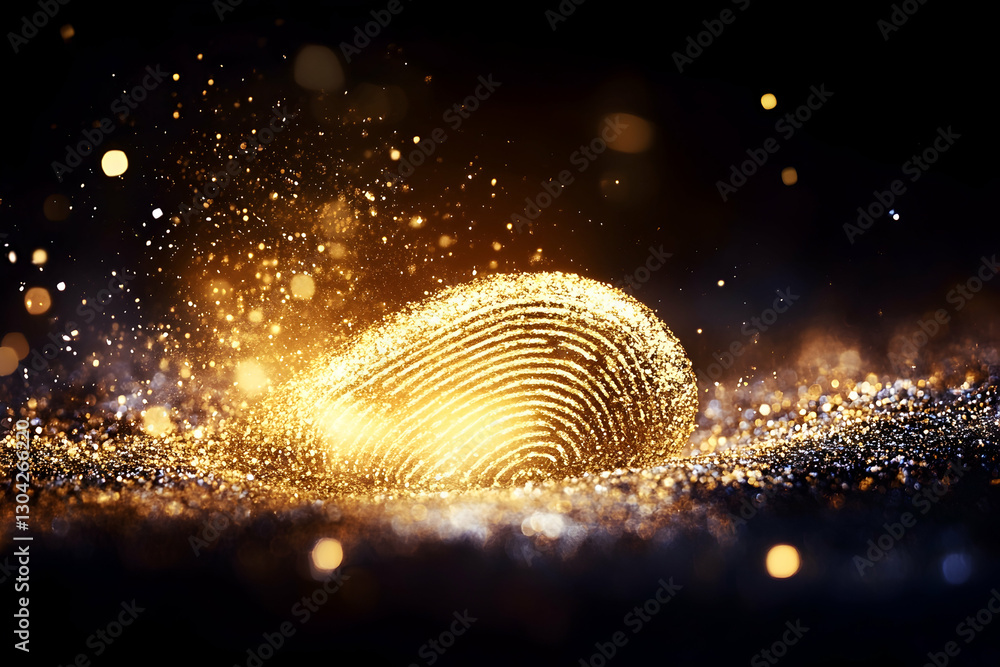 Poster sparkling fingerprint glows on surface with bokeh light burst on dark background