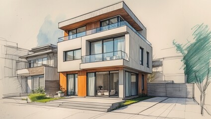 Home design sketch. Modern white building with wood accents and glass balcony. Hand drawn style shows contemporary house and yard.