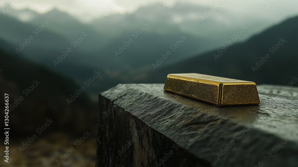 Poster gold bullion bar rests on stone surface with misty mountain range in background