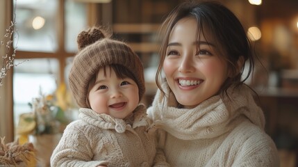 A warm and cozy scene of a mother and her child laughing together in a bright, minimalist home, natural soft lighting, neutral beige and cream tones