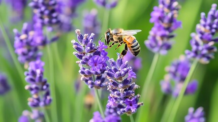 Bee Pollinating Purple Lavender Flowers in a Sunny Garden, Close-Up