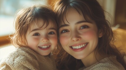 Fototapeta premium A warm and cozy scene of a mother and her child laughing together in a bright, minimalist home, natural soft lighting, neutral beige and cream tones