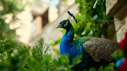 Obraz premium vibrant peacock stands amidst lush greenery, showcasing its royal themed plumage