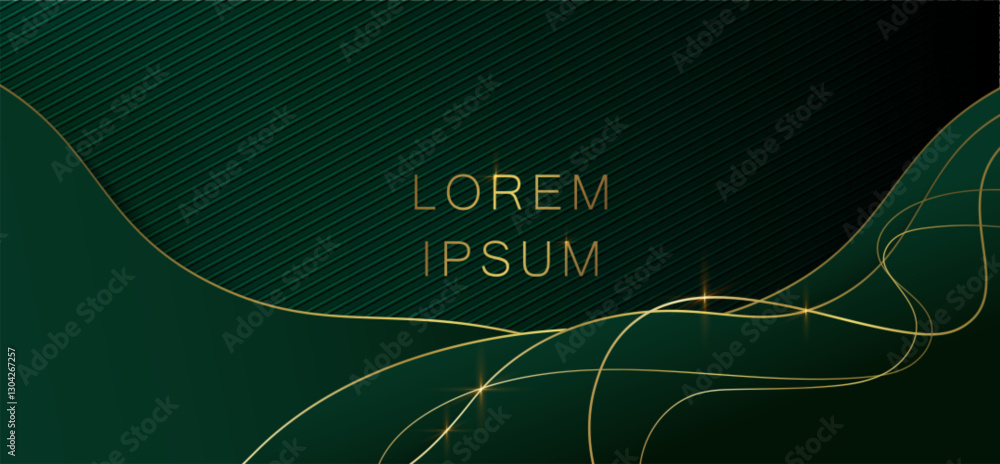 Aufkleber green luxury abstract background with flowing gold wave lines and glowing points. elegant emerald te