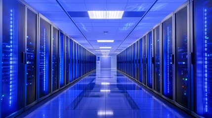 Futuristic high-tech data center with rows of advanced server racks illuminated by cool neon blue and cyan LED lights