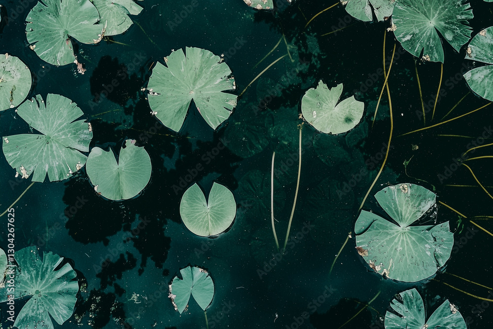 Poster lily pads float serenely on dark water background, creating tranquil scene