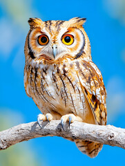 Fototapeta premium Tawny Owl Perched on Branch, Blue Sky