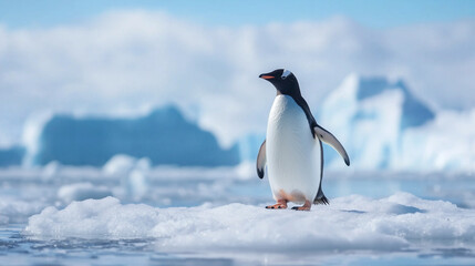 Obraz premium penguin stands on icy terrain with backdrop of blue icebergs under clear sky