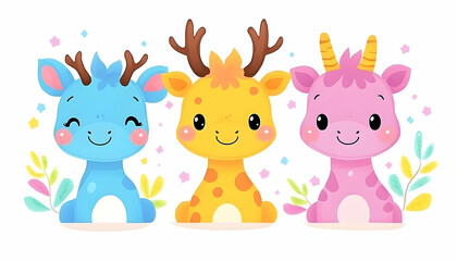 Obraz premium Trio of cute cartoon deer with antlers smiling in a playful, whimsical setting