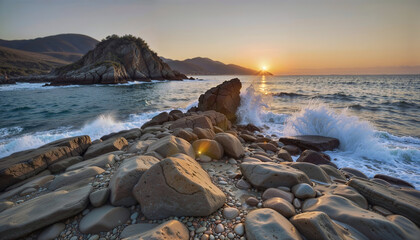 Golden sunrise over a rocky shoreline. 