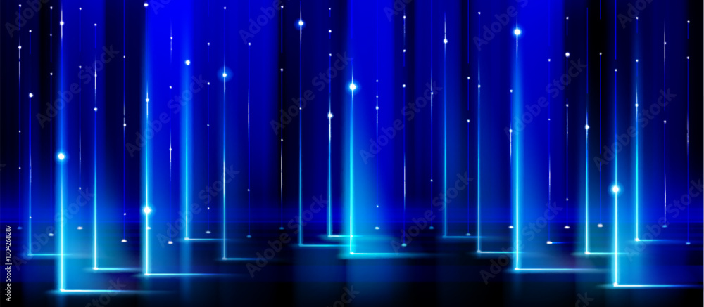 Poster ai future data lines with glowing vertical beams on dark blue background. neon lights in digital net