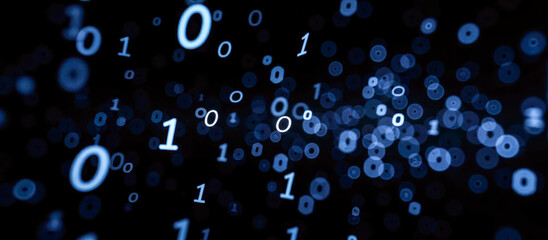 Binary code background with ones and zeros floating in dark space, digital data concept, abstract technology pattern, computer science theme